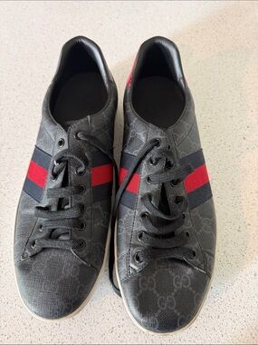AUTHENTIC Gucci Men's Black Sneakers with Red and Navy Web Stripe